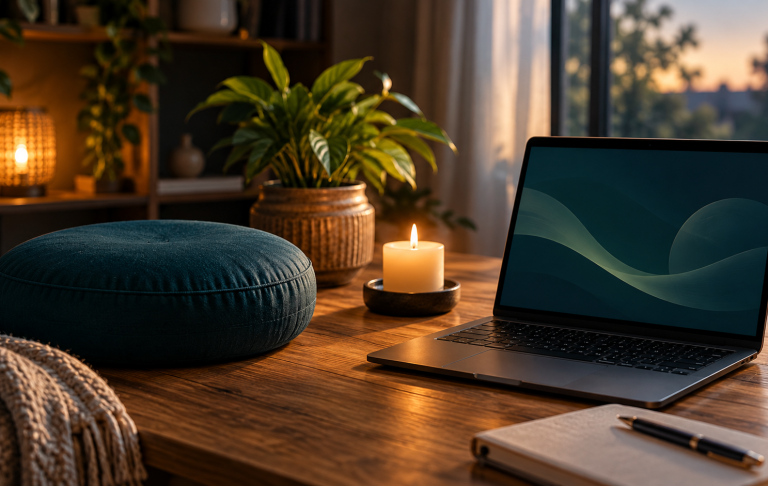 Meditationskissen, Kerze und Laptop als Motiv für Kurze Auszeit LIVE